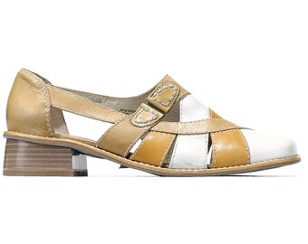 US 8.5 Pleated Shoes 90s Flats Vintage Slide On Sandals Three Tone Leather Flats Anti Shock Flexible Sole Women Footwear . Eur 39 Uk 6