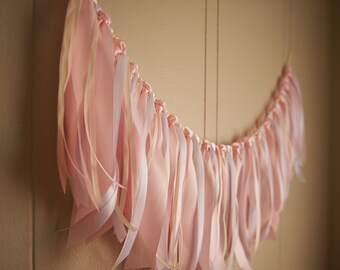 Fabric Garland Backdrop. Handcrafted in 2-5 Business Days. Fabric Garland Banner. Ribbon Garland Backdrop in Baby Pink, Ivory & White.