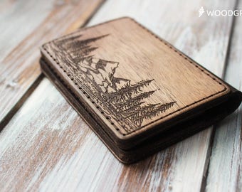 Fathers day gift Wood Wallet Credit Card Wallet Leather Minimalist Wallet Card Holder Groomsmen Gift for Men Gift for Boyfriend Dad Gifts