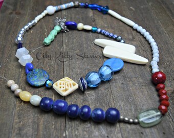 Destash Mixed Bead Strand, Bead Soup Mix, Salvaged Recycled Beads, Boho Funky Chunky Bead Mix, Blue White Red, Bone Stone Glass Lucite #141