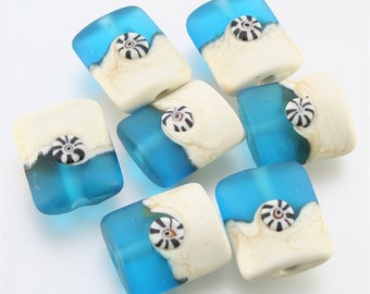 Handmade Lampwork Bead Set - Ivory & Blue, Etched, Set of 7, SRA