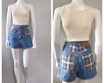 Plaid 90s Grunge Denim and Flannel shorts Cut Off Shorts Plaid Patched Shorts