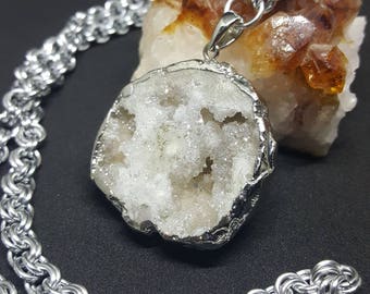 White Druzy Silver Electroplated Pendant