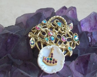 Vintage Masonic brooch, fraternal order, rhinestone, flower basket brooch, multi color, gold tone