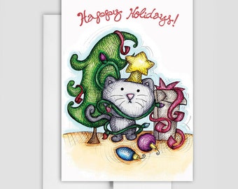 HOLIDAY CAT CARD - Holiday Cat Card - Messy Cat Holiday Greeting Card