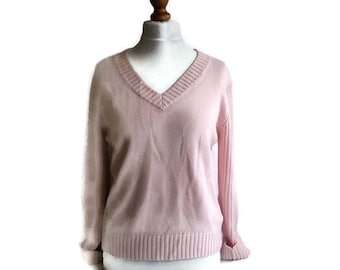 90s Vintage Pink Sweater, Vintage Womens sweater, Pink jumper, Pastel pink sweater, Vneck sweater, Knitted sweater, Knitted jumper, Size L