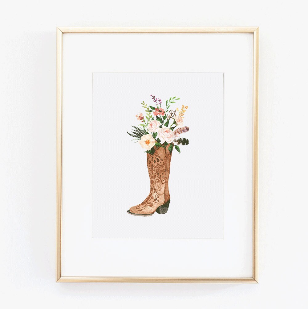 Watercolor Cowboy Boot and Flowers Digital Download Print
