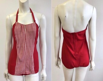 40s 50s Surf Togs swimsuit, vintage one piece swimsuit, vintage 50s bathing suit, pinup swimsuit, red one piece swimsuit