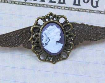 Winged Steampunk Cameo Pin, Airship Pirate Wings, Steampunk Pin, Victorian Winged Pin, Airship Captain Pin, Lavender Cameo Pin, Brass Wings