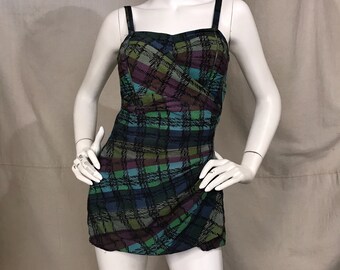 50s Swimsuit Bathing Suit Swimwear Blue Plaid Size 6 // Smocked One Piece Strapless Pinup Rockabilly Beach Style