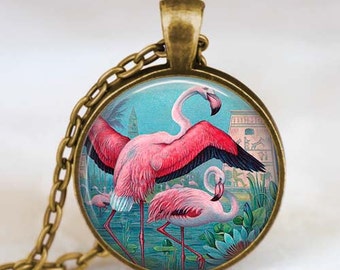 Flamingos necklace, Flamingos pendant, Flamingos jewelry , glass dome pendant jewelry with gift bag