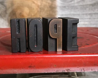 Vintage PRINTER'S Blocks- Wood Typeset Letters- HOPE- Typography- Industrial Printing Press- Vintage Letterpress Print Alphabet