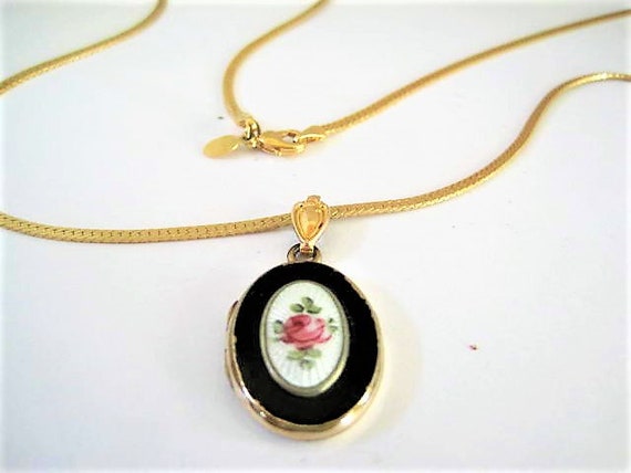 Guilloche Photo Locket Necklace, Gold Filled Locket, Black White Enamel, Hand Painted Rose, Photo Locket, Gold Tone Chain