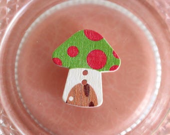 button mushroom, green and fuchsia pink wood