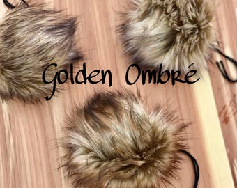 Golden Ombre Faux Fur Pom / Hat accessories for knit and crochet / Beanie Topper / Fake fur pom / Pom Poms / Diy / Vegan friendly