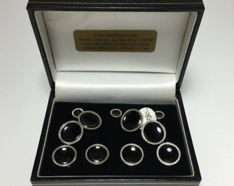 10K Black Onyx Complete Tuxedo Stud Set with Matching Cufflinks & Vest Studs circa 1930's