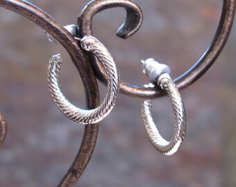 Vintage Huggie Earrings ~ Spiral Twist Design ~ Small Petite Hoops ~ Pierced Post Hoop Earrings ~ Silver-Plated - Hypo Allergenic