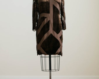Vintage Designer Brown Silk Chiffon with Velvet Burnout Sheer Shift Dress by Bill Blass