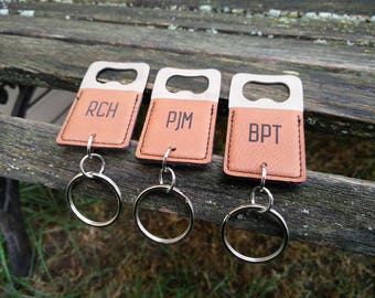 Customized Bottle Opener, Leather Keychain. Laser Engraved. Wedding, Groomsmen Gift, Dad, Anniversary. Groom, Birthday, Christmas, Stepdad
