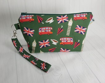 Small Knitting Project Bag, London Scene, Big Ben, Union Jack, Double Decker Bus, Zipper Knitting Wedge Bag, Cosmetic Bag WS0084