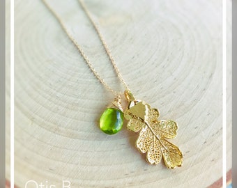 Real leaf necklace with natural gemstone, birthstone necklace, sterling or gold dipped leaf, sterling silver, autumn fall wedding