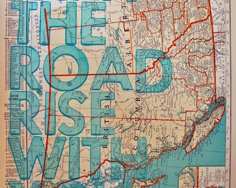 British Columbia and Alberta/ May The Road Rise With You/ Letterpress Print on Antique Atlas page