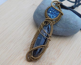 Blue Aura Coated Druzy Quartz Dark Pietersite Dagger Vintage Bronze Parawire Wrapped Pendant Wire Wrapped Jewelry Handmade Scifi Medallion