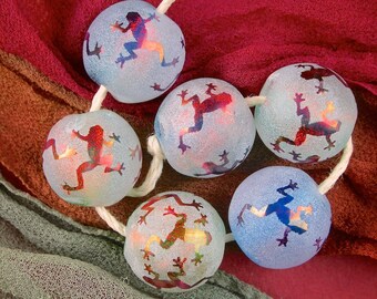 Lampwork Bead Set of 6 "Fire & Ice Frogs" Handmade Sandblasted Dichroic and Iridescent Lustre Glass Beads SRA ~ Sea Tones