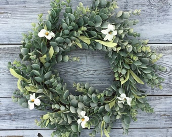 Spring Wreath,Spring Decor, Summer Wreath, Mother's Day Gift, Summer,Farmhouse Wreath, Boxwood Wreath, Front Door Wreath,Eucalyptus Wreath