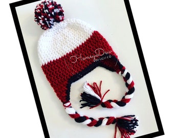 The "Nathaniel" Earflap Hat(pompom hat,crochet hat,girls hat,boys hat, winter hat,tassel hat,newborn,baby,toddler,children's,teen,adult