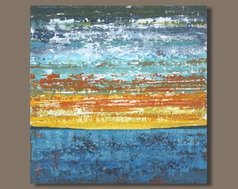 FREE SHIP abstract painting, sunset painting, square format, beach painting, landscape painting, blue yellow orange, modern art on canvas