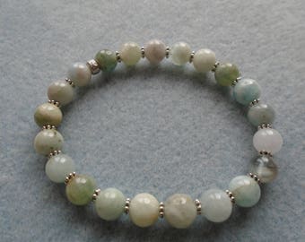 8 mm Multi Coloured Aquamarine Stretchy Bracelet, Thai Silver 6.5 in