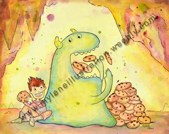 Watercolor reproduction shows eating cookies
