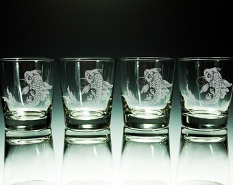 Koi Fish - Etched - 13 Ounce - Rock Glasses -Highball - Set of 4