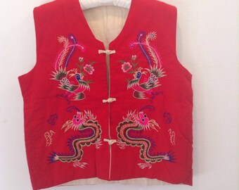Vintage Asian Embroidered Vest Dragon Chinese Japanese