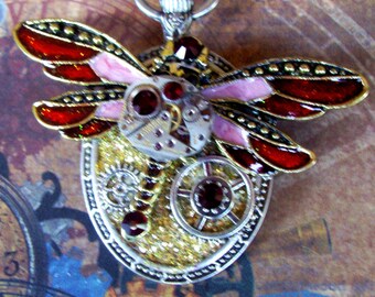 Steampunk Pin (P745-2) Dragonfly Brooch, Hand Painted Acrylic, Gears and Swarovski Crystals