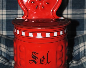 Antique French enameled SALT BOX orange RED small Checks Lustucru