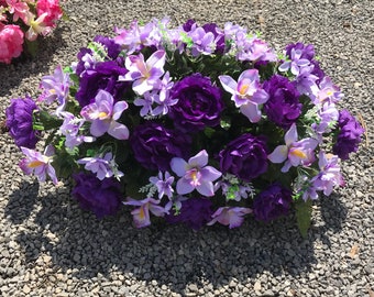 Large Full Gravesite Decoration Flowers / Spring Headstone Saddle / Purple Flowers ~ Cemetery Flowers