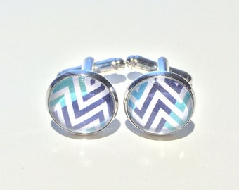 Blue and white herringbone cufflinks