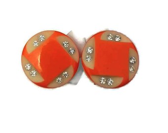 Bakelite Earrings, Bakelite Jewelry, Orange and White Earrings, Early Plastic Jewelry, Clip On Earrings, Gifts For Grandma