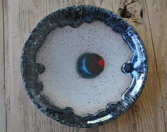 Decorative Pottery Plate, Dish, Handmade Ceramic Bowl, Home Decor with a melted Glass Decor
