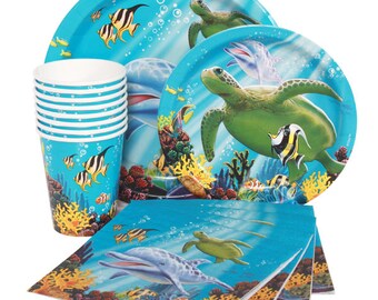 40 Pc Ocean Buddies Disposable Party Pack - Dinner Plates, Dessert Plates, Cups, Balloons & Napkins - Dolphin Party - Service For 8