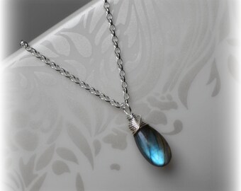 Labradorite Necklace Green Blue Labradorite Pendant Small Silver Labradorite Jewelry Labradorite Sterling Silver Boho Necklace, Gift For Her