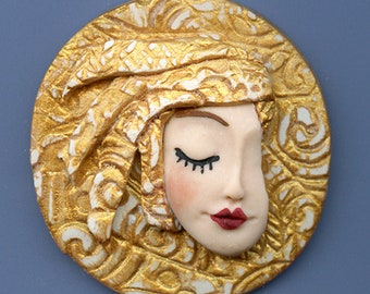 Face cab OOAK Polymer clay Detailed Profile Face Gold Textured Hat GAMN 3