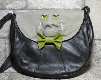 Cross Body Adjustable Purse With Face Monster Black Leather Unique Gift 444