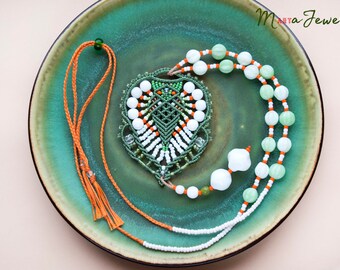 Bohemian long necklace, macrame, micro-macrame jewelry, layer, glass, beaded, beadwork, unique, boho chic, beadwoven, white green orange