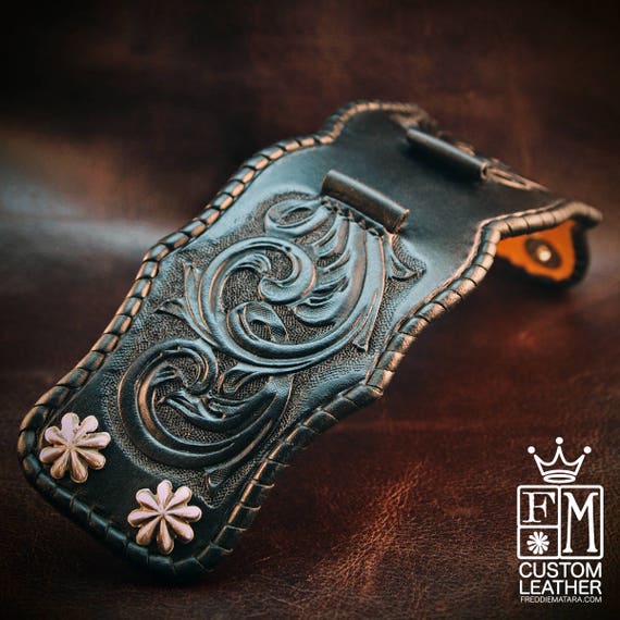 Leather Cuff Watchband black Traditional American scrollwork ROCKSTAR Bracelet made for YOU in USA by Freddie Matara
