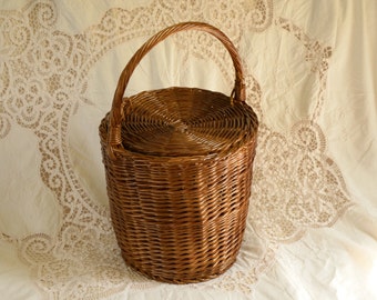 Round Wicker Basket, Basket with a Lid, Round Willow Basket, Round Basket, Round Lidded Basket, Jane Birkin Style Basket, Basket Purse