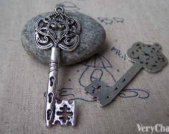 10 pcs of Antique Silver Filigree Swirly Key Pendants Charms 22x55mm A2829