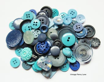 Vintage Blue Plastic Button Lot / 100